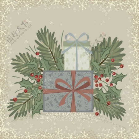 位图插画圣诞节松树叶礼物免费素材