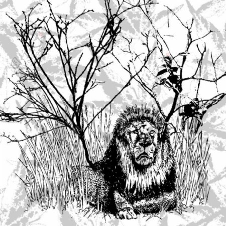 印花矢量图动物狮子树枝草丛免费素材