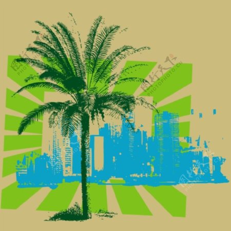 印花矢量图建筑城市城市剪影椰树免费素材
