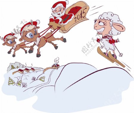 圣诞雪橇与滑雪的绵羊