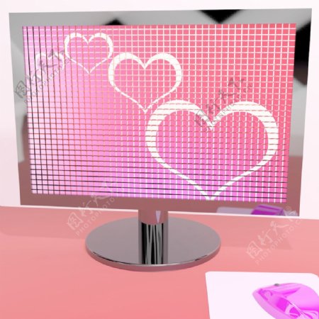 在计算机屏幕上显示爱和在线约会的心