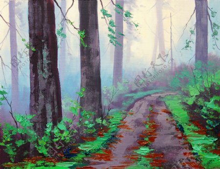 油画朦胧的森林图片