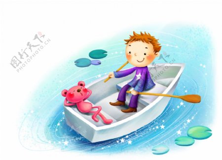 卡通孩童在划船