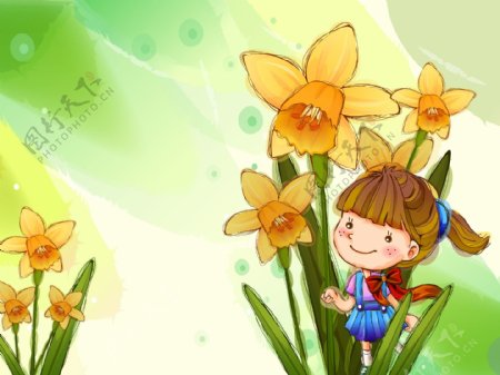 童年卡通插画花丛中的小女孩