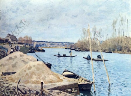 湖边渔船风景油画