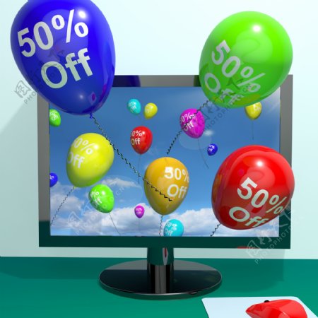 50从计算机显示百分之五十在线销售折扣的气球