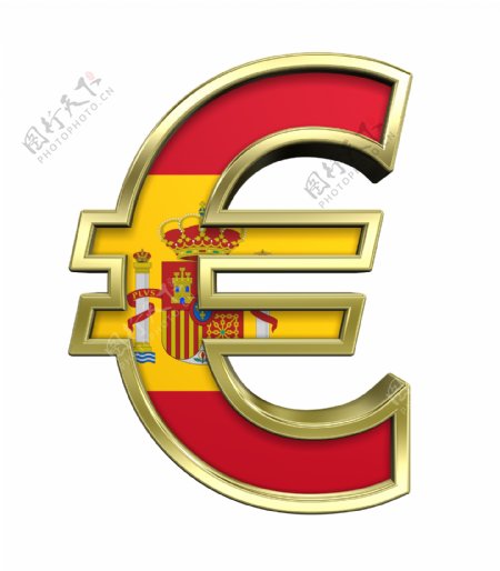 黄金的欧元符号与西班牙国旗白色隔离