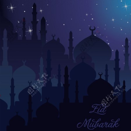 黄昏的清真寺Eid穆巴拉克神圣的EID矢量格式的卡