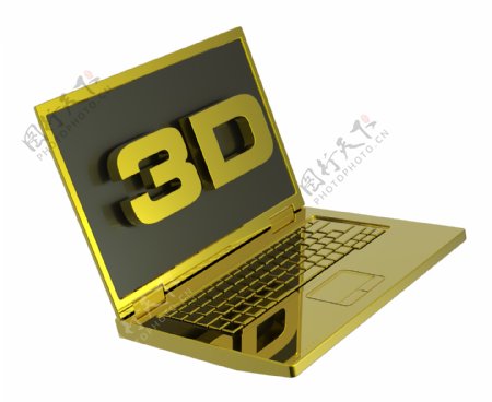 闪亮的金色笔记本电脑的3D屏幕白色隔离