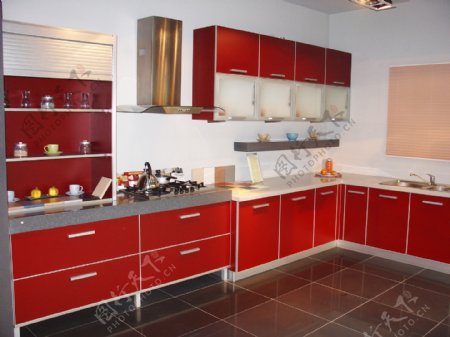 红色现代整体组合厨房图片