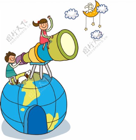 在地球之上拿着天文望远镜的孩子