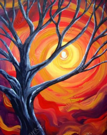 油画夕阳树影图片