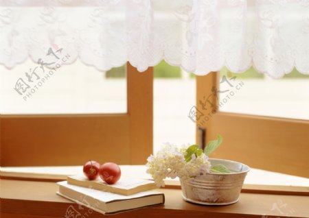 窗台上的鲜花书刊图片