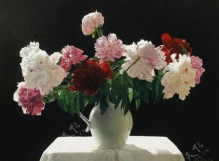 油画插满花的花瓶图片