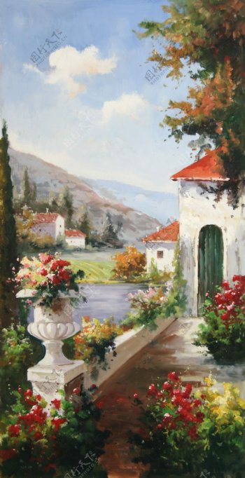 地中海花园景油画图片