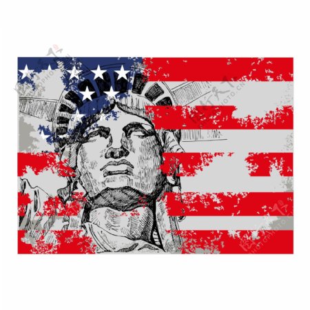 印花矢量图T恤图案美国国旗自由女神像色彩免费素材