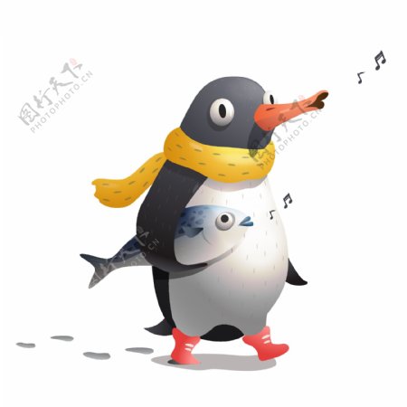 印花矢量图卡通动物企鹅鱼免费素材