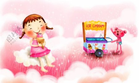 吃冰淇淋的女孩和小熊