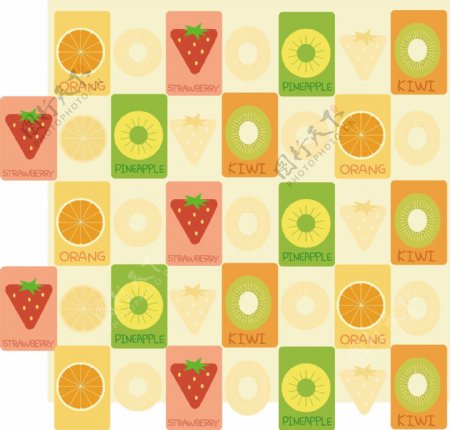 不同颜色的矩形上的水果构成的图案