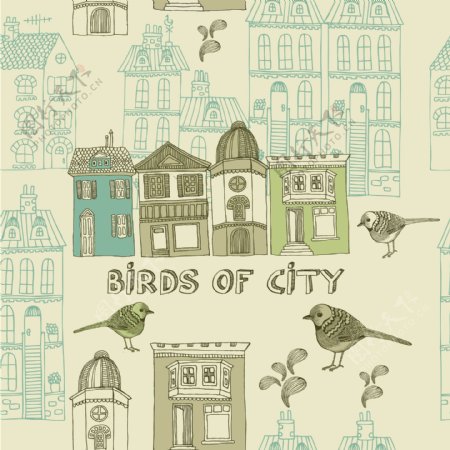 复古鸟之城插画矢量素材图片