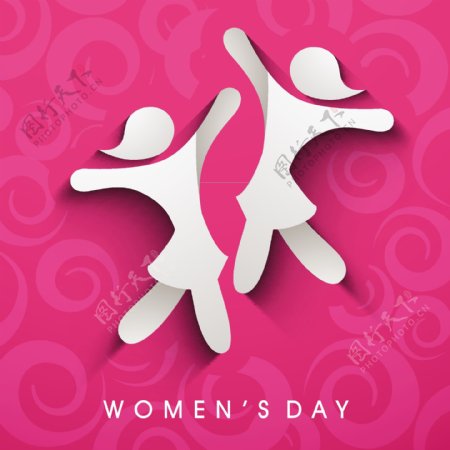三八妇女节贺卡或海报与快乐的女孩在粉红色背景轮廓设计