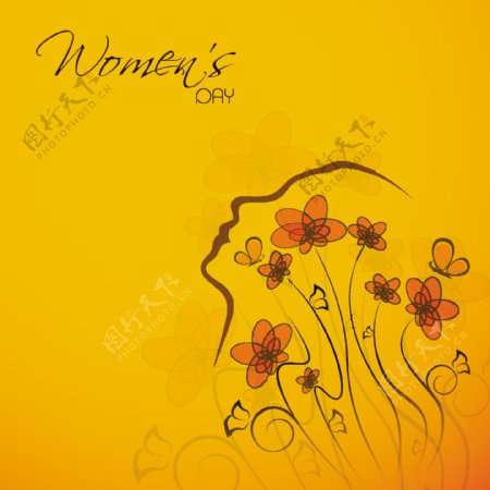 三八妇女节贺卡或海报用花装饰的黄色背景一个女人插画设计