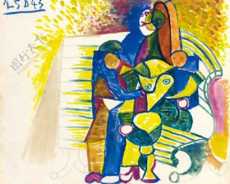 1943CouplesurunbancR西班牙画家巴勃罗毕加索抽象油画人物人体油画装饰画