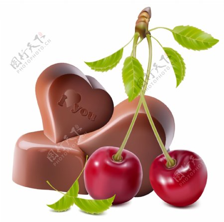 樱桃与心形巧克力矢量素材