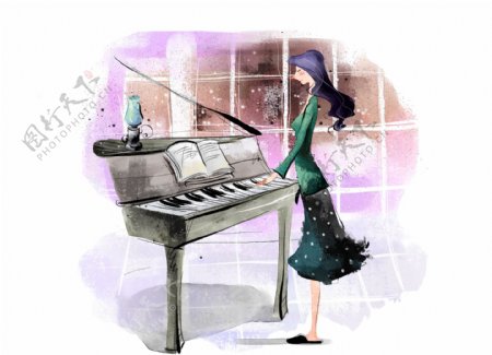 HanMaker韩国设计素材库背景漫画卡通淡彩人物女人钢琴弹奏
