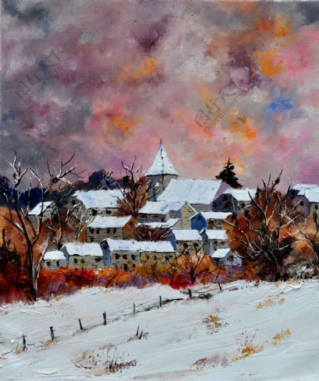 油画冬季村庄图片