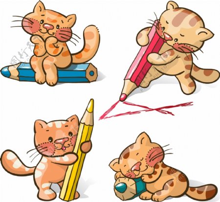 4款卡通猫咪与铅笔矢量图