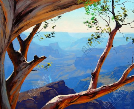 油画峡谷树木图片