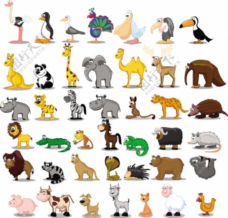 42个可爱的丰富多彩的卡通动物矢量集