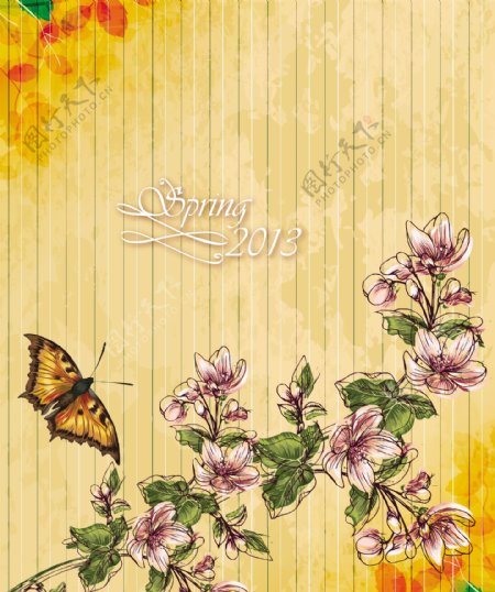 花与蝴蝶矢量插画和樱桃枝