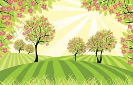 春天的田野绿树鲜花图片