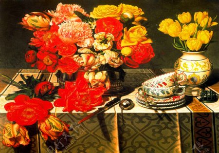 油画桌上的鲜花图片