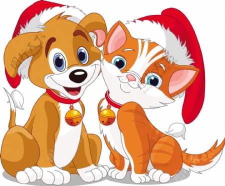 圣诞矢量可爱的猫和狗