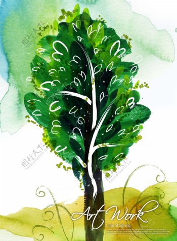 树木小鸟蓝天花朵绘画手绘色彩PSD分层素材源文件韩国花纹图库