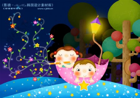 HanMaker韩国设计素材库背景卡通漫画可爱梦幻儿童孩子天真女孩男孩雨伞