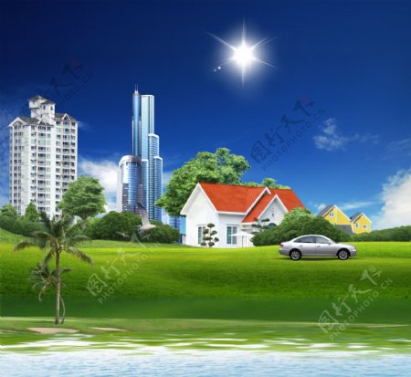 蓝天草地河水椰树汽车高楼房子平面素材美景