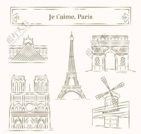 手绘巴黎著名建筑矢量素材