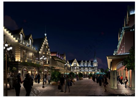 欧式建筑商业街夜景效果图图片