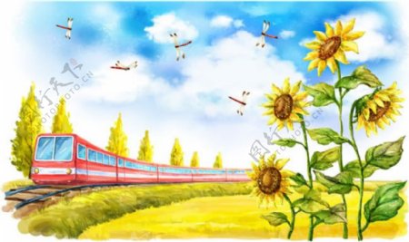 手绘飞驰的列车和向日葵插画