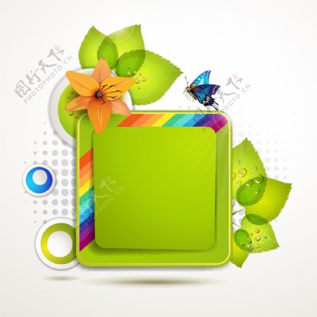 绿叶鲜花蝴蝶绿色环保背景图片