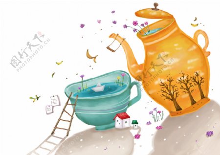 水壶茶杯创意插画素材