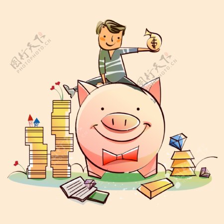 印花矢量图可爱卡通男孩小猪色彩免费素材