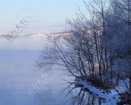 湖边雪景雾气