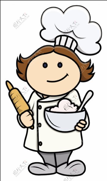可爱的卡通小女孩在厨师服装卡通插画矢量