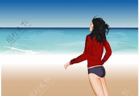 海边休闲的女青年图片