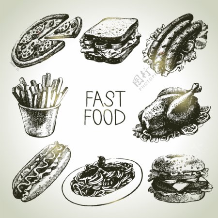 手绘快餐食品插图